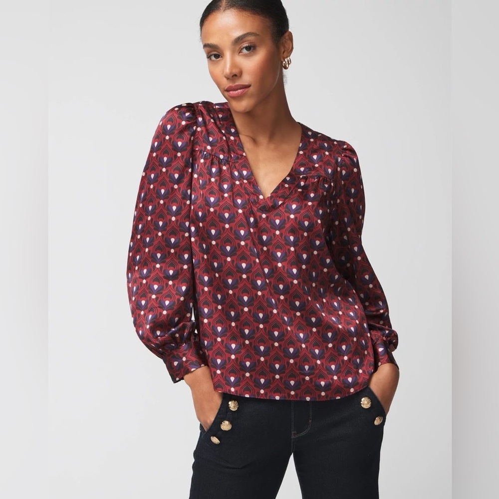 WHBM V-Neck Long Sleeve Printed Blouse - Burgundy Multi Small
